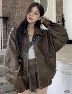 SHEIダークブラウン オーバーサイズレザージャケット