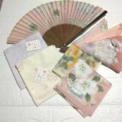 新品未使用・花柄扇子とシルクタオルハンカチ2枚＆ハンカチ3枚セット