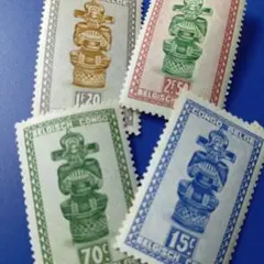 9208 外国切手 ベルギー領コンゴ 民芸品 木彫りの像 1947年 4種