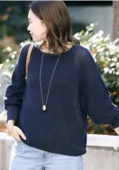 SLOBE IENA リネン混畦ニット　サマーニットネイビー