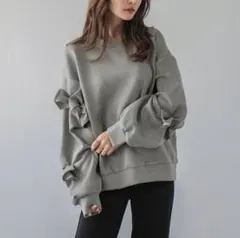 ボリュームスリーブスウェット 長袖 リボン トップス グレー　ラジエム