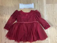50〜70サイズ ベビードレス 赤 レース 花 ヘアバンド付