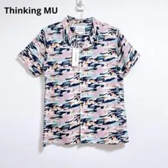 シンキングム－】THINKING MU 半袖　シャツ　アロハシャツ　総柄　紺　白
