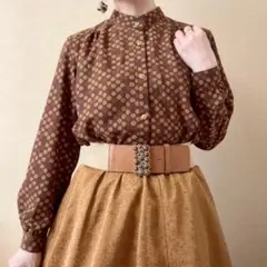 ドット柄 スタンドカラー シャツブラウス 昭和レトロ ヴィンテージ 茶色 一点物
