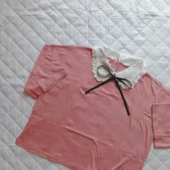 レース襟付きピンク半袖トップス