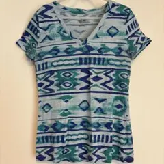 モッシモ Ｔシャツ Ｖネック 半袖 総柄 Ｍ 碧 綿 普段着 インポートのサムネイル