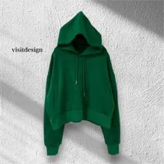 ヴィジットデザイン【Ｓ】プルパーカー グリーン ショート丈 短丈 無地 シンプル