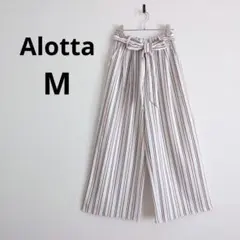 アロッタ▶ワイドパンツ 白×ピンク・赤 ストライプ ベルト付 M