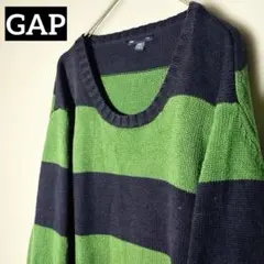 【個性派古着】GAP グリーンとネイビーのストライプ　ニットセーター　大きめS