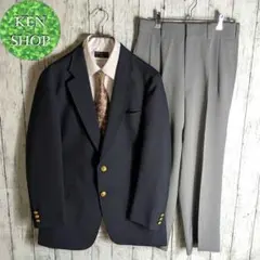 紺ブレ金ボタンｘスラックス　サラブレッド柄ネクタイシャツ付　古着