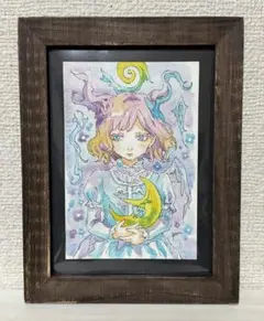 【F10号】水森亜土（moon）手描き作品/表裏サイン有り/油彩/高級額縁入り F10号】水森亜土/手描き作品/表裏サイン有/裏描き有り/油彩/絵画/高級