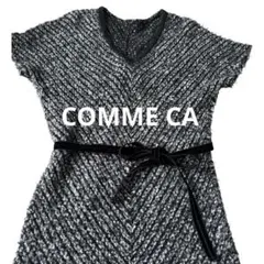 美品‼️COMME CAヘリンボーン ニットワンピース Vネック リボン付お出かけ