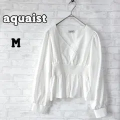 【aquaist】ホワイト Vネック ギャザートップス M 長袖 a2532