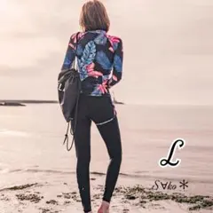 新品♦リーフ柄 ラッシュガード3点セット L 紫外線対策 レディース ⓐ