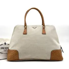 未使用級 プラダ トートバッグ 三角ロゴ オーストリッチ 白タグ 南京錠 鍵付き