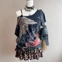 y2k　ゴシック　punk プリントTシャツ　半袖　羽　薔薇　ギミック　スカル