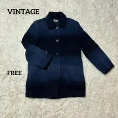 ☆ ヴィンテージ アルパカウール混 ロングコート　ダークブルー　日本製　F