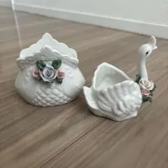 白鳥　バラ　陶器　置物　小物入れ　美品