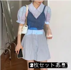 韓国♡　バブルシャツワンピ＋デニムリボンビスチェ
