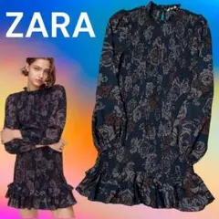 ZARA ザラ バラ 薔薇 花柄 シャーリング フリル チュニック ワンピ