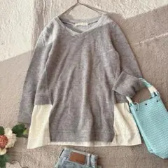 美品(M)毛混/ドッキングニット/セーター/異素材/レース/Vネック/ウール