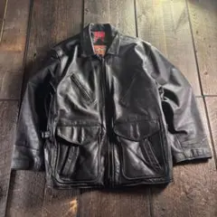 古着　本革　レザーカーコート　黒　ワークレザージャケット　L チェック裏地.