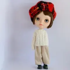 ブライスアウトフィット　チェックのツイードウールベレー帽とケーブルニットセット