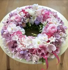＊ふっくらピンク系 紫陽花とローズのフラワーリース (30cm)リボン付き