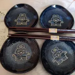 かえる柄小皿 と箸 藍色 約12センチ