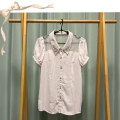 涼しげ！ビジュー付き シースルー トップス (M)