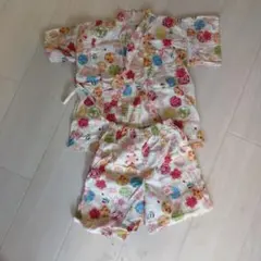 【中古品】クリーム色　カラフル花柄甚平 上下セット 120cm