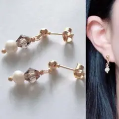 淡水パールとオーストリアクリスタルビーズの華奢ピアス