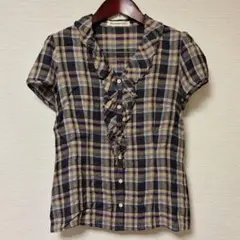 ストロベリーフィールズ　半袖　チェック柄　パフスリーブ　ブラウス　ほつれ有りのサムネイル