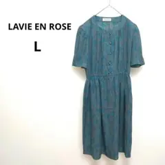 レトロ ワンピース ジャガード 花柄 総柄 グリーン ブラウン 膝丈 上品 L