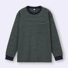 GU ヘビーウェイトクルーネックT ボーダー 長袖 Tシャツ グリーン