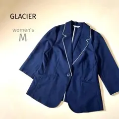 美品GLACIERグラシアネイビー 七分袖ブレザー上着 レディースM白パイピング