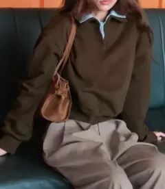 ダークブラウン プルオーバー 長袖 水色襟