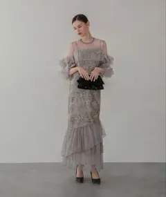 フラワースパンコールチュールフリルスリーブIラインワンピースドレス Leja