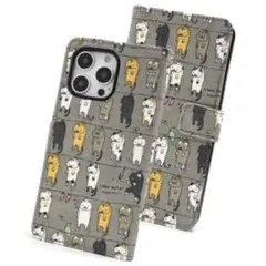 iPhone14pro 猫柄手帳型ケース　グレー