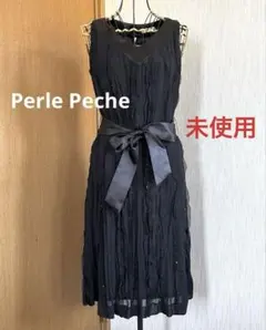 ペルルペッシュ ノースリーブフレアワンピース スパンコール リボン ドレス 黒