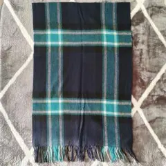 マフラー チェック 紺色 緑 水色 毛100% ひざ掛け 肩掛け