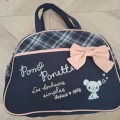 Pom Ponette トートバッグ ネイビー チェック柄 リボンのサムネイル