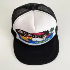 海外古着 プリント ハワイ クジラ 海 トラッカー メッシュキャップ 帽子 白黒