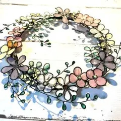 ワイヤークラフト　ワイヤーアート　小花のお花いっぱいつる風リース