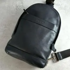 極美品 コーチ チャールズ ボディバッグ ビジネス レザー メンズ ネイビー