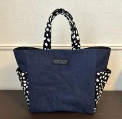 岡山デニム　黒ダルメシアン×黒　サイドポケット　トートバッグ　ハンドメイド