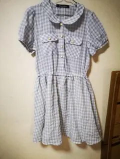 Sorridere 水色 チェック 半袖ミニワンピース 花柄ボタン