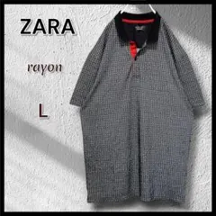 【大人カジュアル】ザラ レーヨン ポロシャツ Lサイズ 和十字柄 黒×赤 伸縮