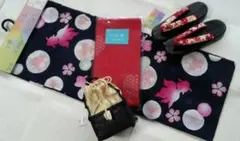 ♥再値下♥濃紺×水玉金魚桃色⭐浴衣4点セット ⭐赤半幅帯下駄竹籠巾着 ⭐撫子鹿子