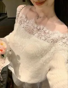 オフショルダー ホワイト ニットセーター